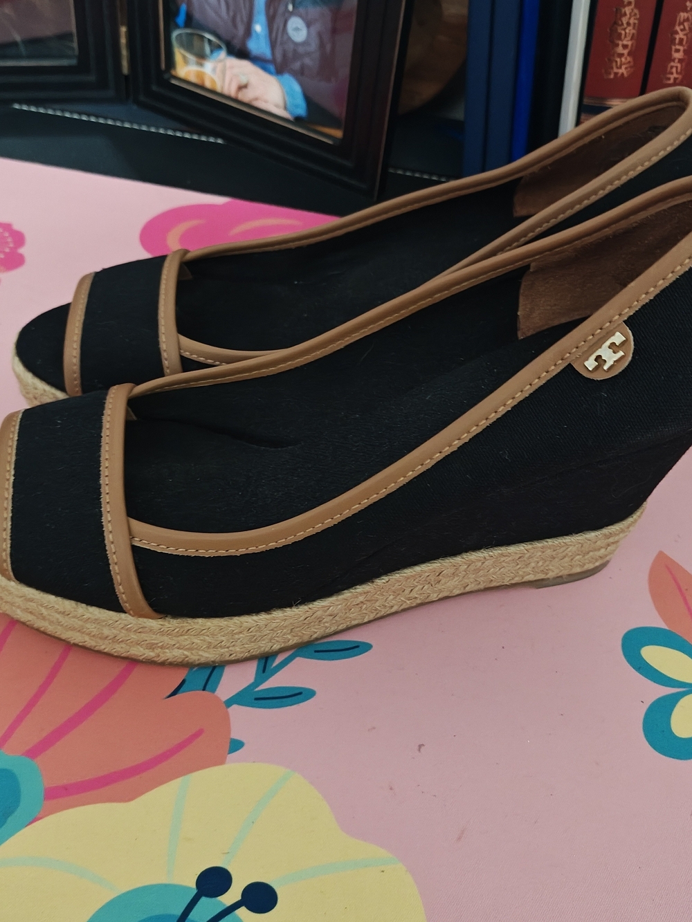 Tory Burch Shoes Black Canvas Wedge Espadrille with Tan Trim